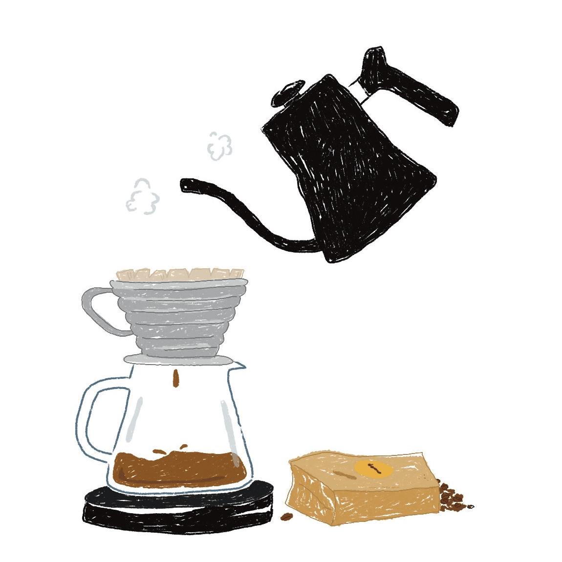 Illustration of a Holiday pour-over brew, kettle and coffee bag