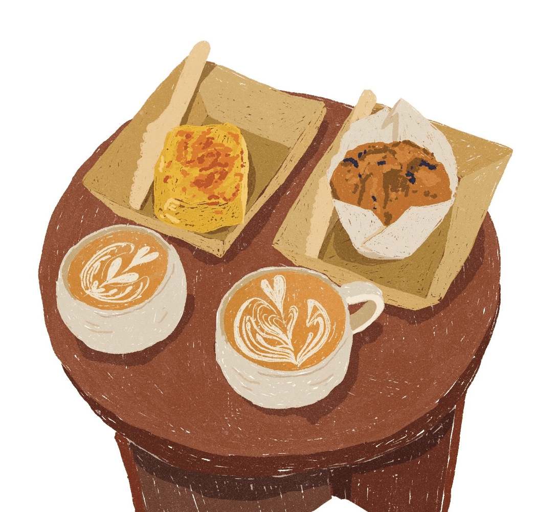 Illustration of coffee and pastries on a café table