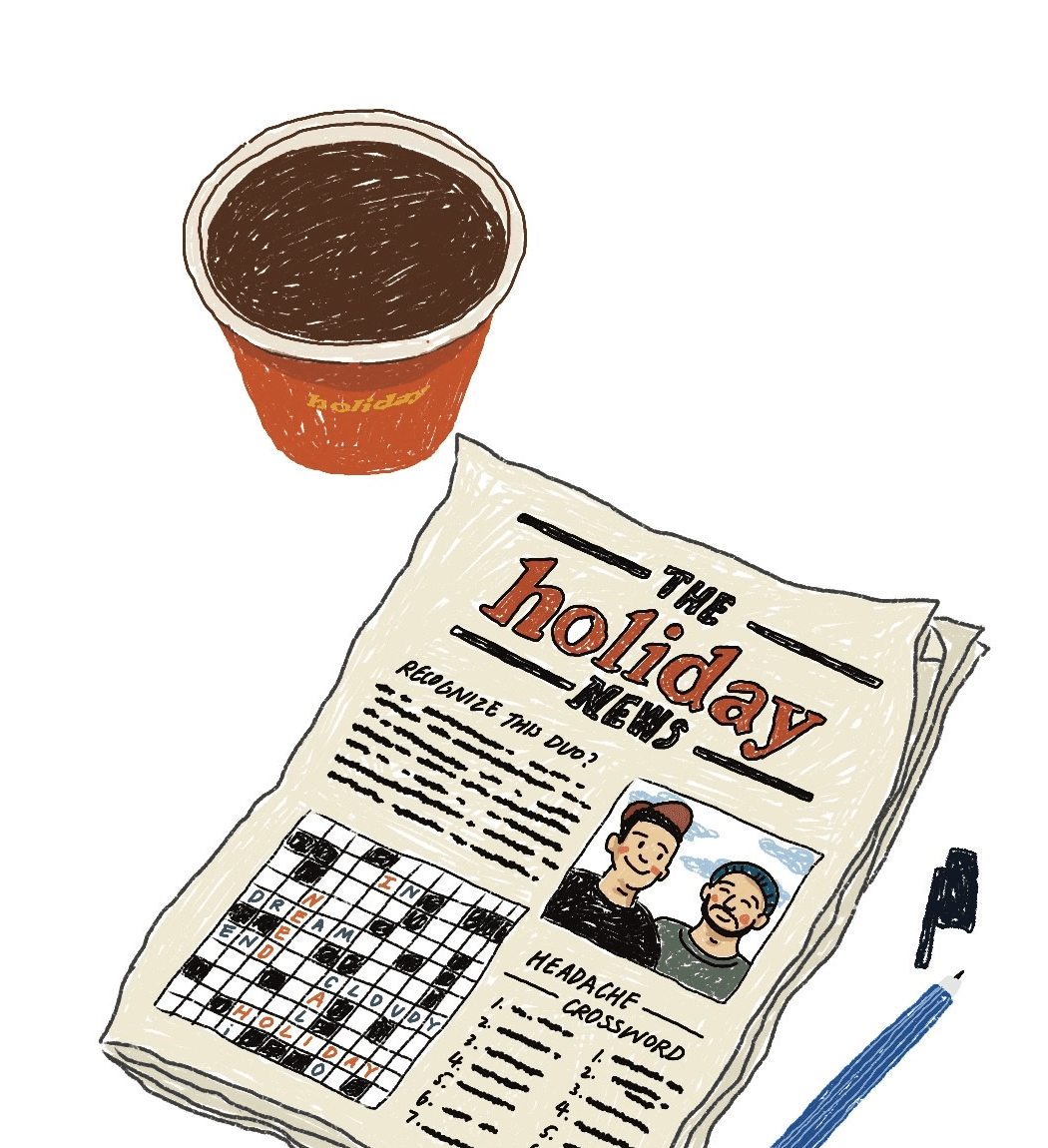 Illustration of the Holiday newspaper and a coffee cup
